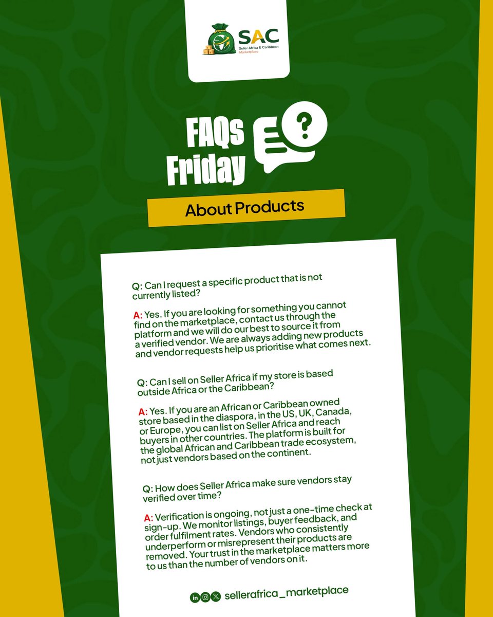 sellerafrica's tweet photo. Friday FAQs.
Got a question about selling or buying on Sellerafrica? Pricing? Refund Policy? Shipping? Commissions? Verification?
Reply with your question. We will pick the and we'll answer them all in upcoming FAQs, so you can look forward to it.
#FridayFAQs #SellerAfrica https://t.co/yS8HYR9vRW