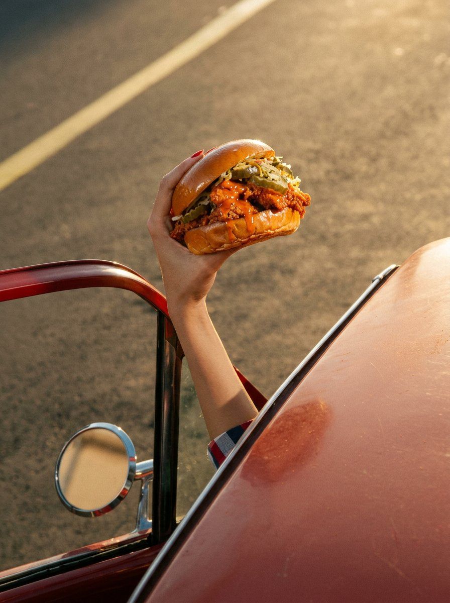 Halaiapp's tweet image. يد طالعة من سيارة كلاسيك وتمسك ساندوتش/راب بتفاصيل شهية، نفس ألوان الغروب والشارع عشان يطلع المشهد فخم وبسيط

هلاي ← الصور ← جرب:
برومبت:
"A close-up cinematic shot of a hand extending out of a vintage red car window, holding a crispy fried chicken sandwich with glossy brioche