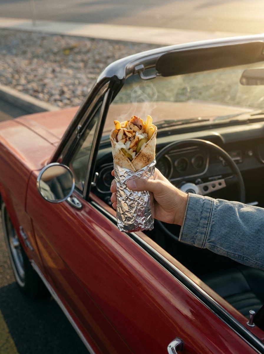 Halaiapp's tweet image. يد طالعة من سيارة كلاسيك وتمسك ساندوتش/راب بتفاصيل شهية، نفس ألوان الغروب والشارع عشان يطلع المشهد فخم وبسيط

هلاي ← الصور ← جرب:
برومبت:
"A close-up cinematic shot of a hand extending out of a vintage red car window, holding a crispy fried chicken sandwich with glossy brioche