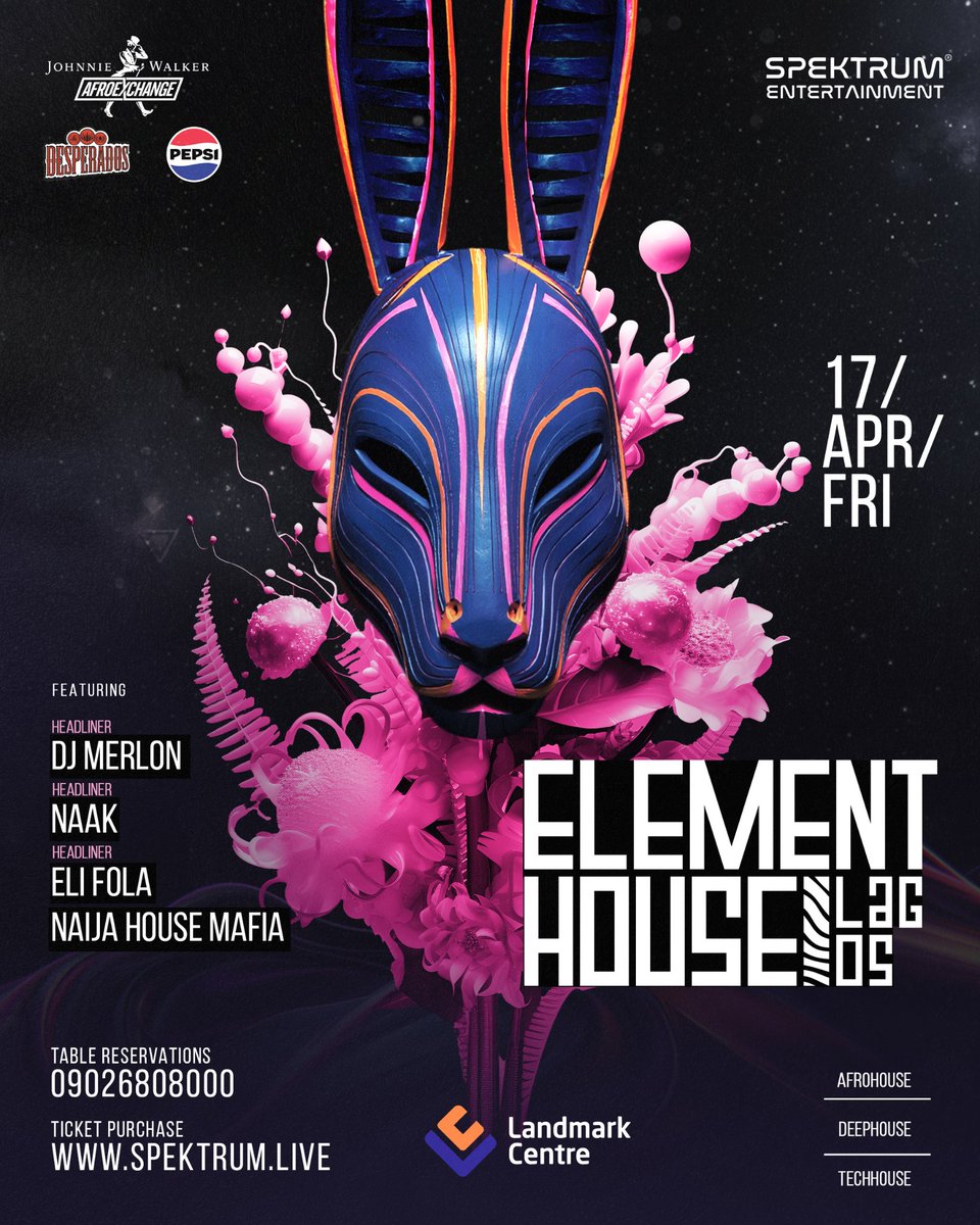 spektrumng's tweet image. TGIF.

7 days to Element House with NAAK, Eli Fola, DJ Merlon and Naija House Mafia.

The weekend begins, but something bigger is already in motion.

April 17th, 3 Headliners. 

spektrum.live
.
#ElementHouse 
#HouseMusic 
#AfroHouse 
#Lagos 🇳🇬 
#Nigeria