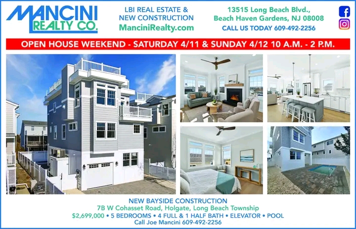 LongBeachIsland's tweet image. New Bayside Construction - #LBI #OpenHouse 
Sat., April 11th &amp;amp; Sun., April 12th from 10-2 pm. 

7B W Cohasset, #Holgate, LBT - $2,699,000
5 bedrooms and 4 full and 1 half bath. An elevator, pool.

Info mancinirealty.com/newlistingnewb…