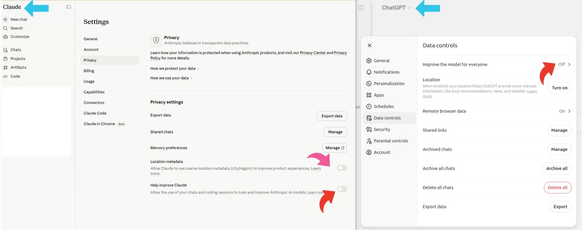 hunzai's tweet photo. > Make sure to disable sharing _your_ data with claude and openAI. https://t.co/cE2RfjVwfP