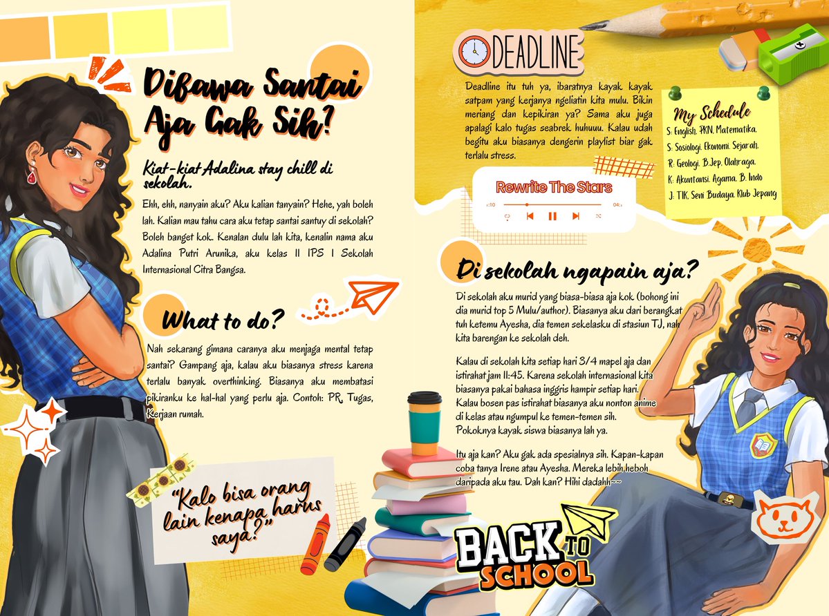 #MajalahKisahSekolah
#kiyoko_oc

Author: Adalina kalo di sekolah gak stres??? 
Lina: gak kokkk ehe. Dibawa santai aja kita ~

Kiat-kiat Adalina agar chill di sekolah kayak gmn sih? Yuk yuk lihat yahh hasil colab majalah bersama <a href="/txtdariocs/">👤 Registrasi Galeri Mamah 📌</a> 😁✨