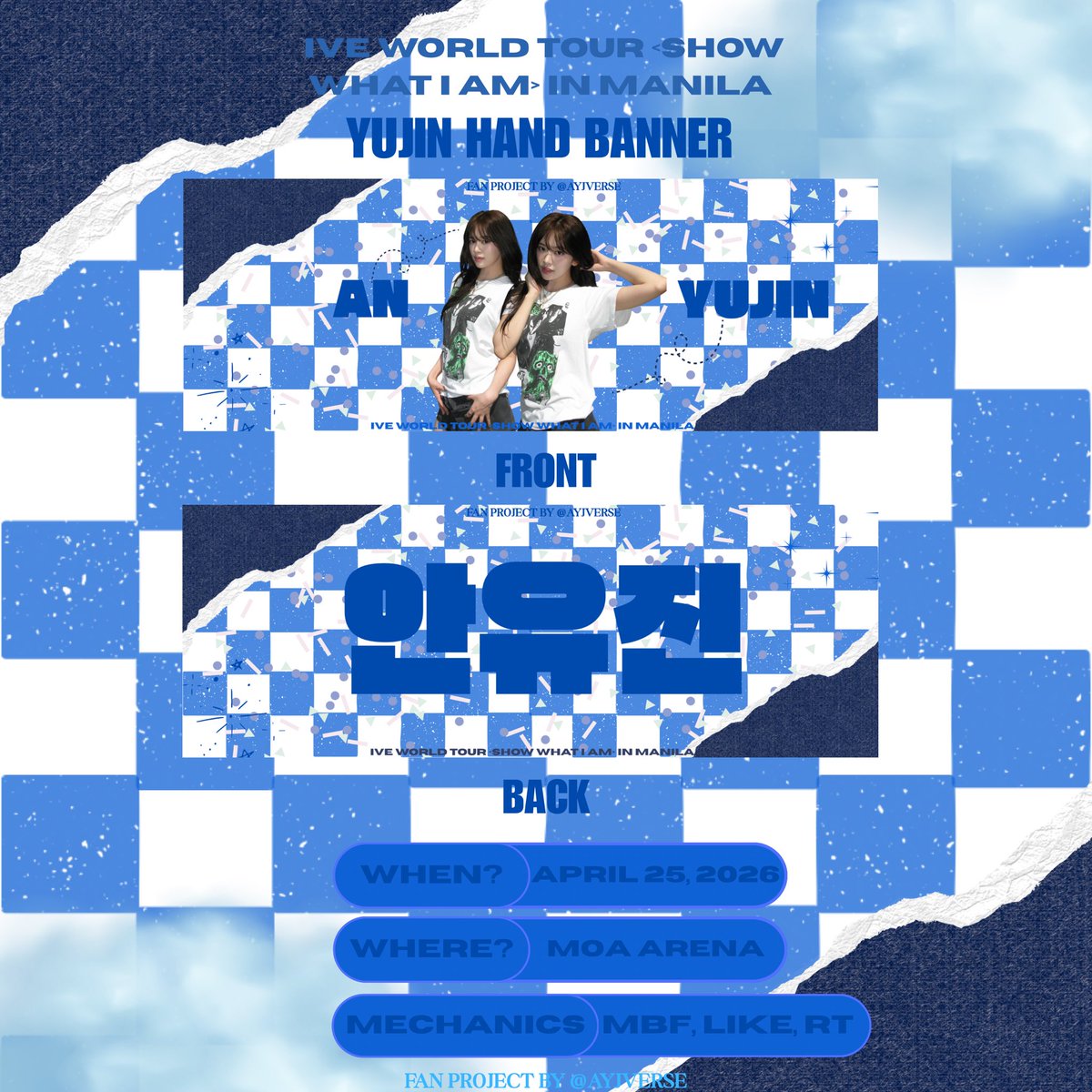 ayjverse's tweet photo. [Repost] IVE SHOW WHAT I AM IN MANILA Yujin Fan Support ˚⟡˖ ࣪

Hi, Filo DIVES! There will be 20 Yujin Banners for the first 20 person who trade and reserve to my previous freebies!

Please Check the List here for the First 20: https://t.co/Ix6UyMyAPR

#SHOW_WHAT_I_AM_IN_MANILA https://t.co/LZQlJ4tAW2