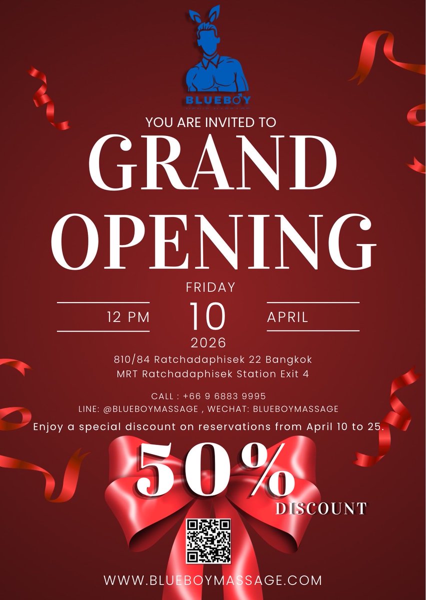 Blueboy_massage's tweet photo. NOW OPEN 
ส่วนลดค่าห้อง 50%  สำหรับทุกท่าน
ร้านตั้งอยู่ซอยรัชดา22 
เดินทางสะดวก
2นาทีจากMRTรัชดา ทางออก4 
หลังแรกซ้ายมือ
ข้อมูลเพิ่มเติม จองคิวได้ที่ 
more info 
Call +66968839995
 line ↓
https://t.co/1lNjzXNVVy
Whatapp ↓ https://t.co/o16i6mfM6L…

https://t.co/fo8im8tykE https://t.co/N73PjNfZgj