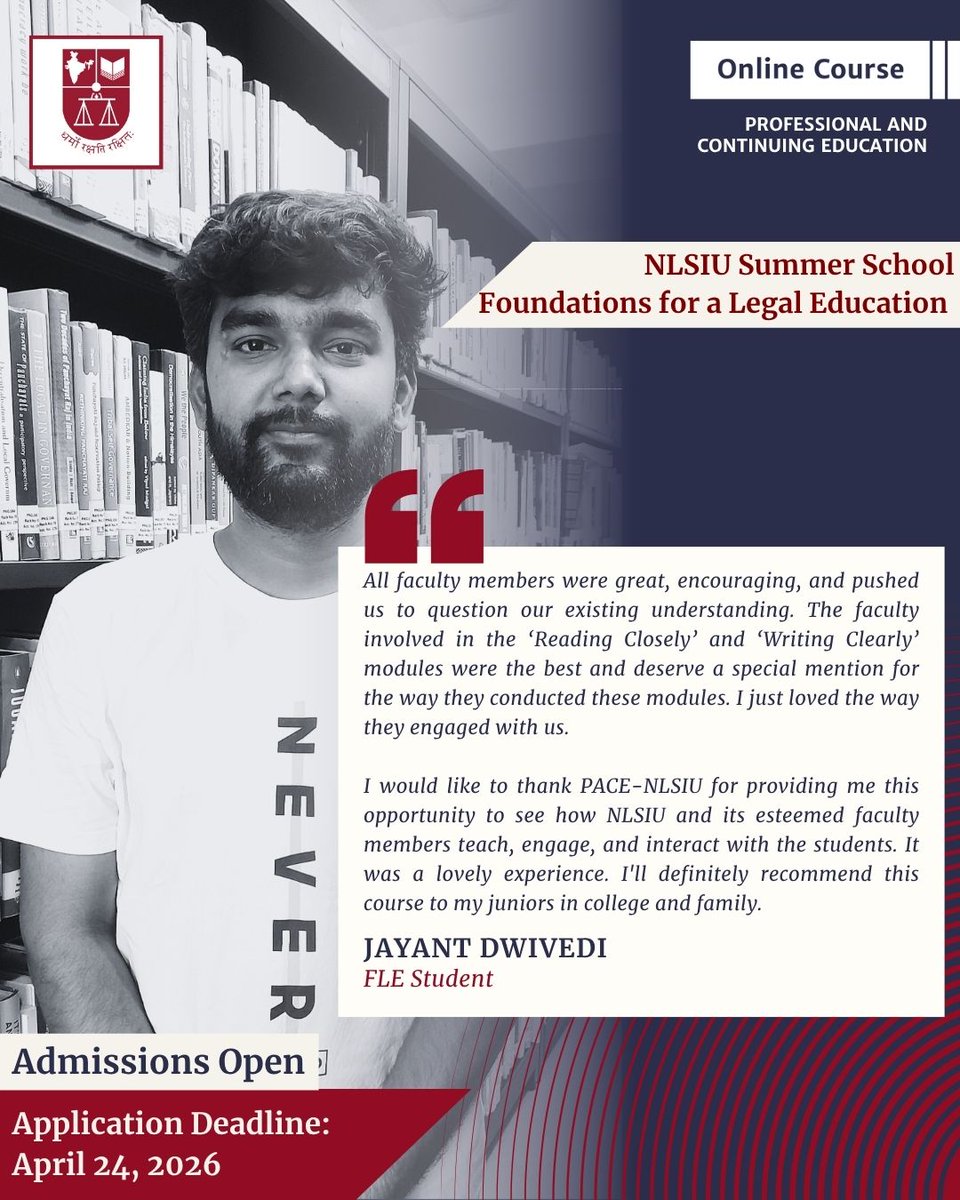 NLSIUofficial's tweet image. #AdmissionsOpen #FLE #StudentTestimonial
Jayant Dwivedi, a former FLE student, talks about his experience of learning from the #NLSIU faculty. Apply for the NLSIU’s Foundations for a Legal Education (FLE) Certificate Course and learn from the top faculty to reach your academic
