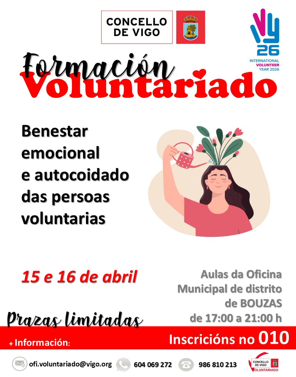 VoluntarVigo's tweet photo. Coidas dos demais… pero cóidaste a ti? 
Ser voluntario/a é dar moito 💙 pero tamén precisas parar, respirar e recargar.

Convidámoste a esta formación
Un espazo para aprender a xestionar emocións, previr o desgaste e seguir acompañando dende o benestar.
📩 Prazas limitadas https://t.co/MtE0IxUlxG