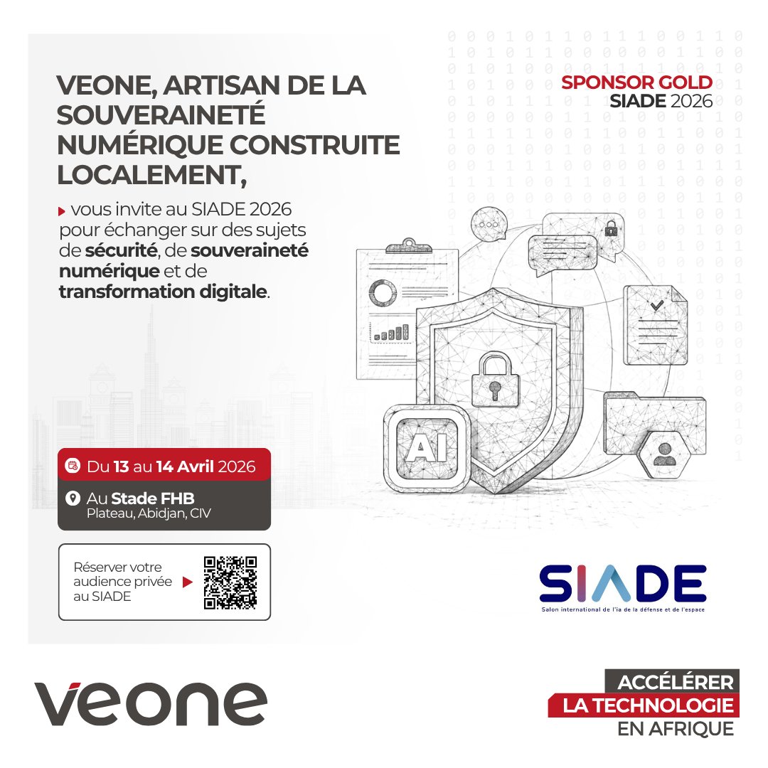 Veone_Net's tweet photo. VEONE participera au SIADE 2026 en qualité de Sponsor Gold, les 13 et 14 avril à Abidjan. Une présence au service d’une ambition claire : contribuer à bâtir une souveraineté technologique africaine concrète. #VEONE #SIADE2026 https://t.co/6Ldi8Aj9oG