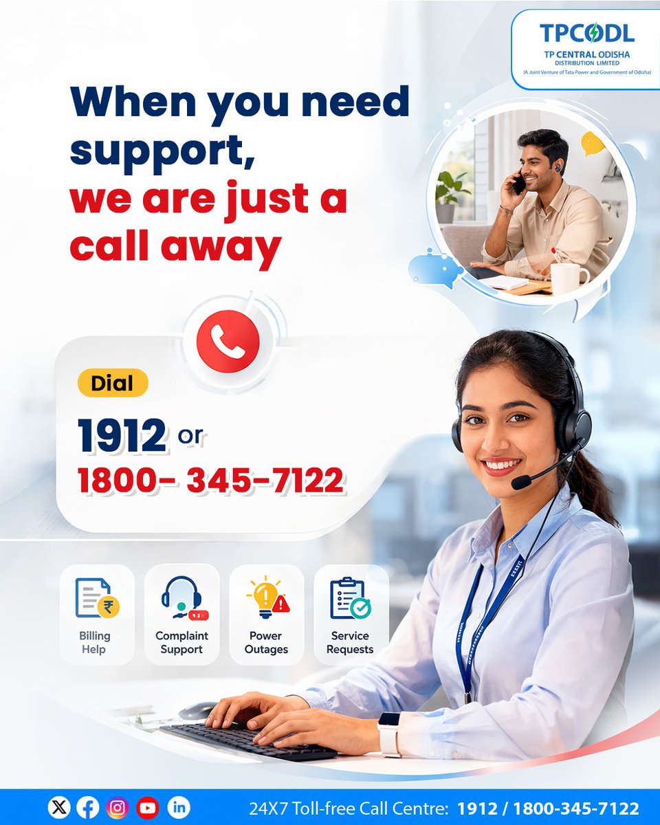 TPCentralOdisha's tweet image. This summer, our call centre team is here to assist you with any electricity-related queries. Call 1912 or 1800-345-7122 for prompt support, clear guidance and reliable service whenever you need it. 

#TPCODL #CustomerFirst #CustomerCare #TollFreeNumber