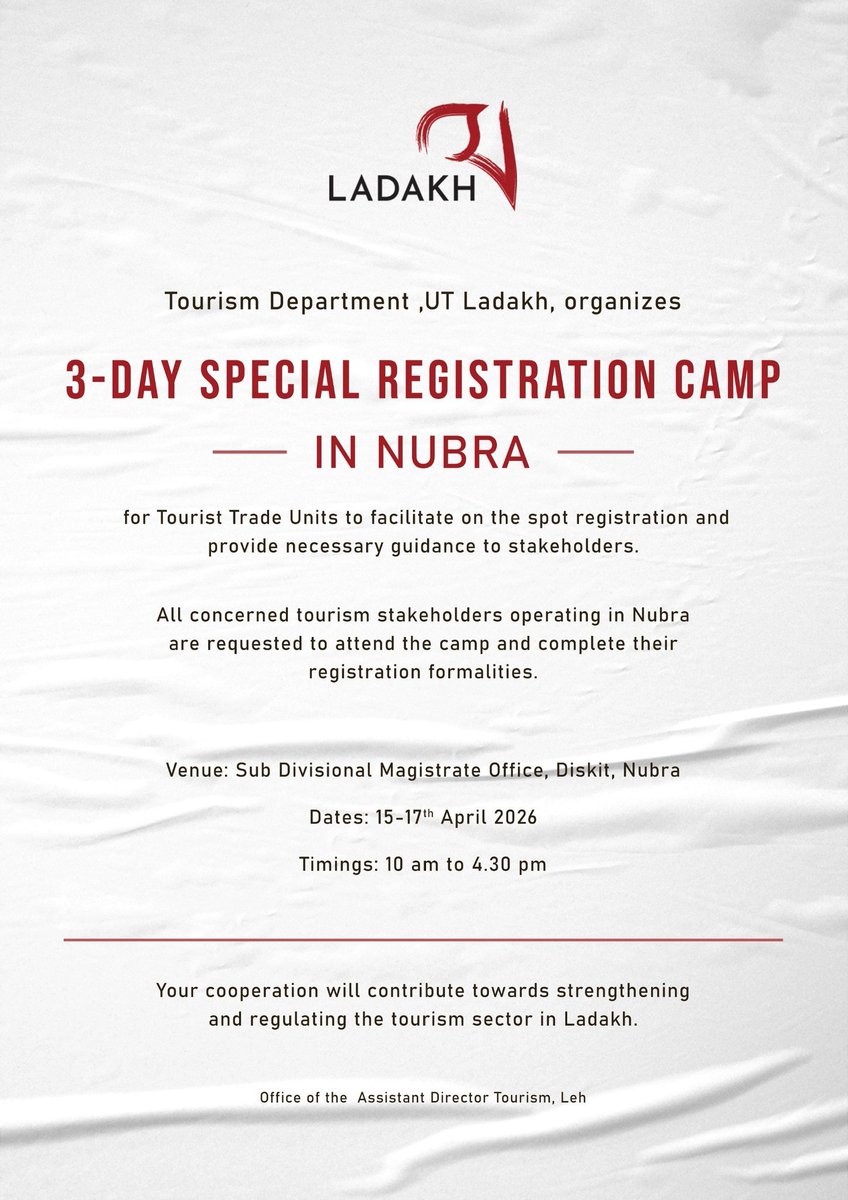 Indus_Dispatch's tweet image. Bringing tourism services to doorstep!

The Tourism Department of Ladakh is hosting a Special Registration Camp in Nubra Valley for easy, on-the-spot assistance.

🗓 15–17 April 2026

#VisitLadakh #TourismGrowth #NubraValley #SustainableTravel #AtmanirbharBharat #IncredibleIndia