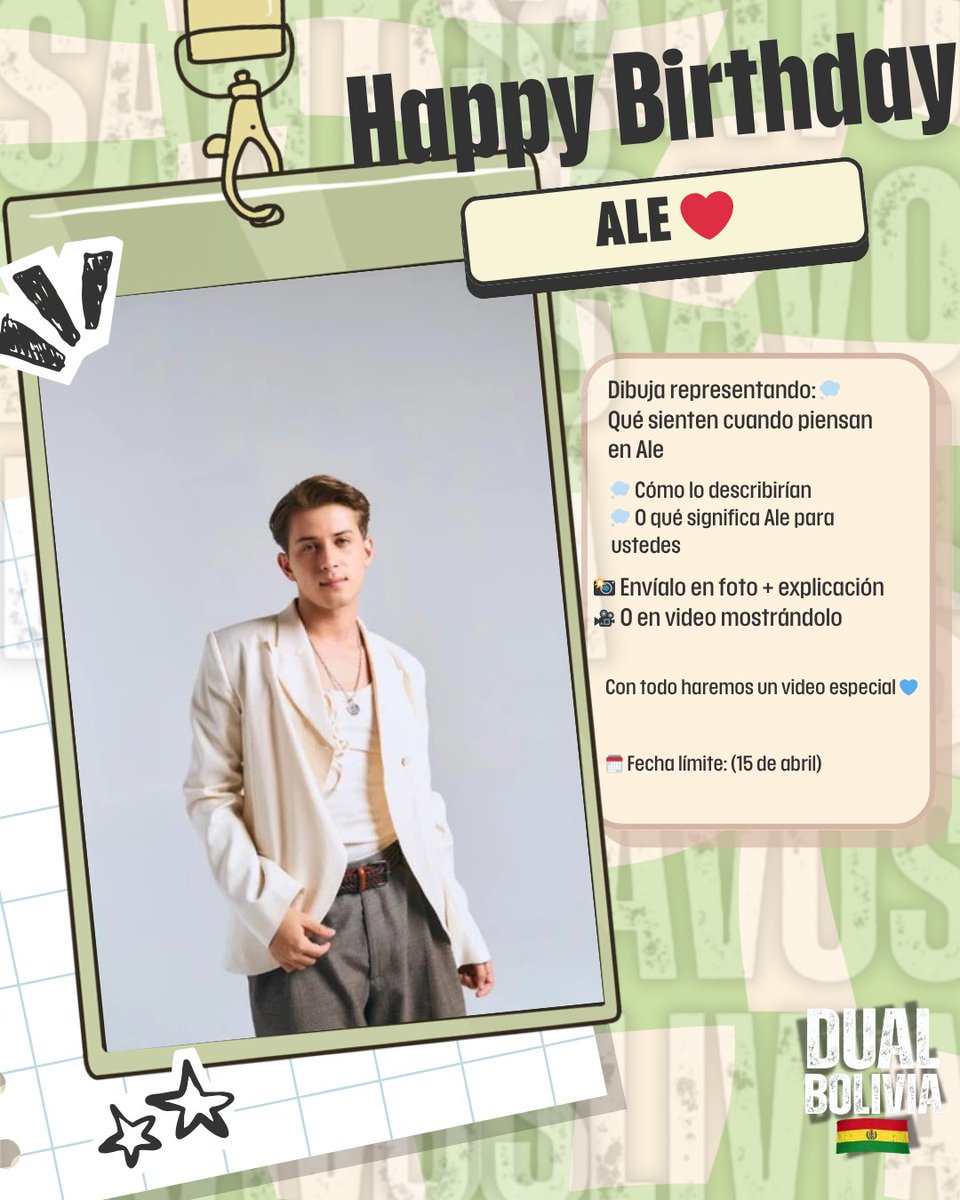 SantosBravos_Bo's tweet photo. ✨ HB. ALE✨
Queremos hacer algo especial entre todos 💙

Dibuja lo que Ale significa para ti o cómo lo describirías 🎨
📸 Envíalo en foto + explicación
🎥 O en video mostrando tu dibujo

Con todo armaremos un video súper especial 
🗓 Fecha límite: (15 DE ABRIL)
#CumpleAle #STB https://t.co/fIwRj2nEKJ