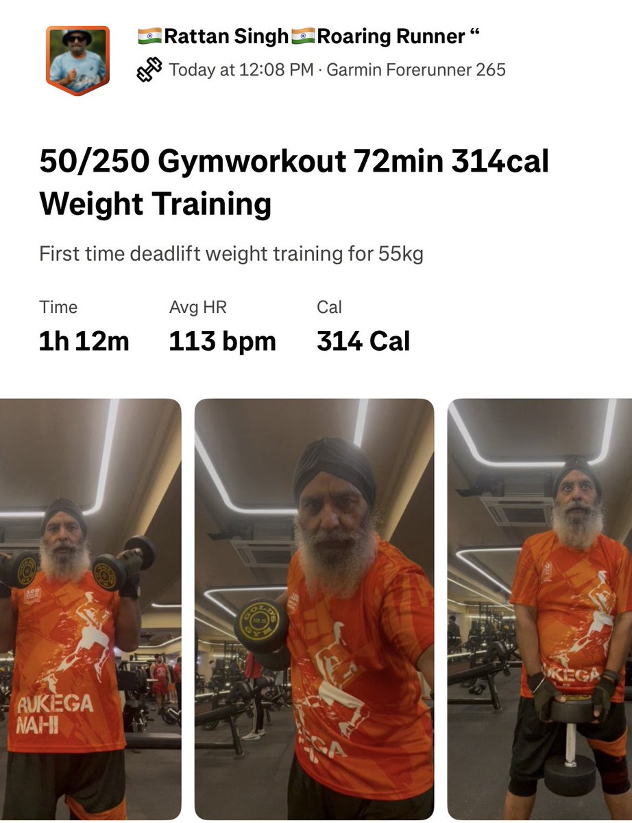 rattan_saarthi's tweet image. 50/250 #Gymworkout 72min 314cal #WeightTraining 
First time deadlift 55kg
strava.app.link/rWCMs61Ed2b
Gymbike 15min 3km 148cal
strava.app.link/1IFf9p3Ed2b
Thx #GymTrainer Kartik @GoldsGymIndia #faridabad Sec14
30kg deadlift 5rep
35kg deadlift 5rep
40kg deadlift 5rep
55kg deadlift 5rep