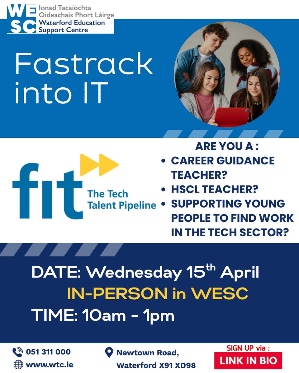 FastrackintoIT's tweet image. 1/2 🚨5 DAYS to go until our information session with Waterford Education Support Centre!
 
If your students are exploring alternative career path then this session will help them to discover: 

🔹FIT Tech Apprenticeships and upcoming opportunities in the South East

#LeavingCert