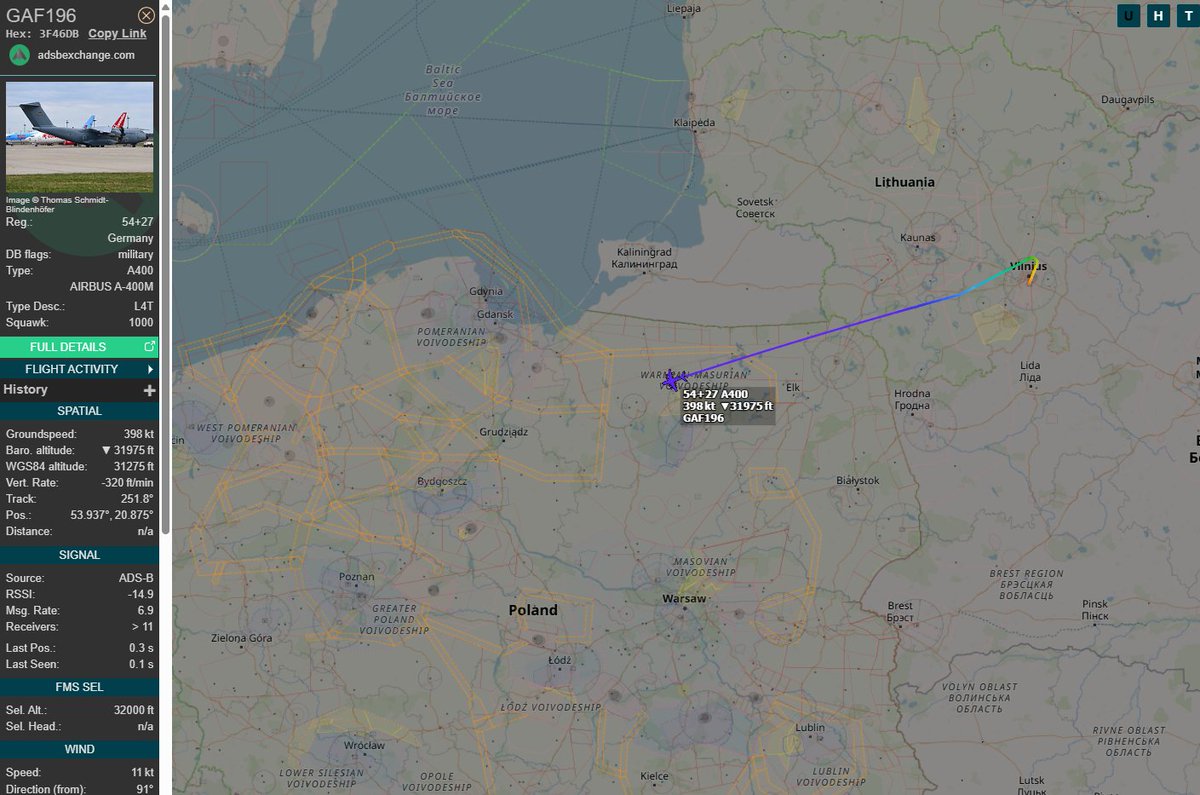 PolishMilRadar's tweet photo. 📅 10.04 🕙 12:26LT - 🇩🇪✈️ Niemiecki A400M tranzytem

🇩🇪 Siły Powietrzne Niemiec
✈️ Airbus A400M Atlas | Reg: "54+27"
🛫 Port Lotniczy Wilno #EYVI | Litwa 🇱🇹
🛬 Port Lotniczy Berlin Brandenburg #EDDB | Niemcy 🇩🇪
#GAF196 leci tranzytem na FL320 (9448 metrów)
🔗 https://t.co/YVpyGdSvTd

#POLMILRADAR