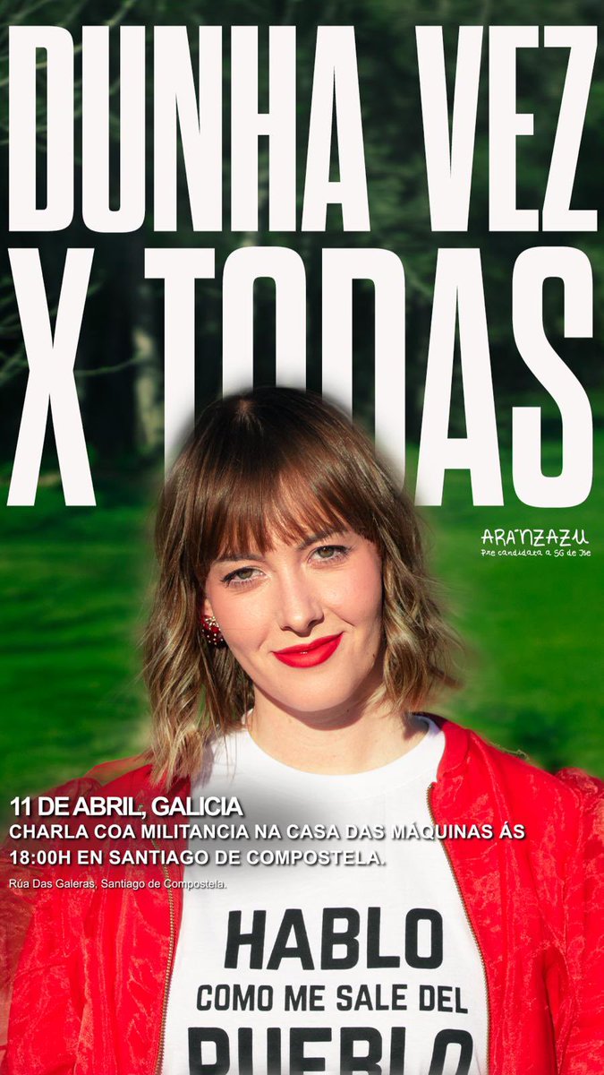 XSGalicia's tweet photo. 💥 Vémonos este 11 de abril coa próxima secretaria xeral de #JSE @Aranza8_8 ! Charla coa militancia en Compostela para falar claro e #DunhaVezXTodas. ✊

📍 Casa das Máquinas (Santiago)
🕕 18:00h

Non faltes, compañeirx! 🌹 https://t.co/9HMJF6ba7q