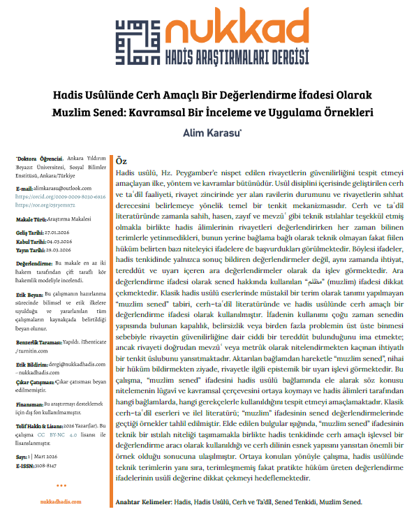 nukkadakademi's tweet photo. Yeni Makale

Alim Karasu @Uleym 

"Hadis Usûlünde Cerh Amaçlı Bir Değerlendirme İfadesi Olarak Muzlim Sened: Kavramsal Bir İnceleme ve Uygulama Örnekleri"

Makale Linki: https://t.co/ewDSRqbcWg https://t.co/rISuD1nId6