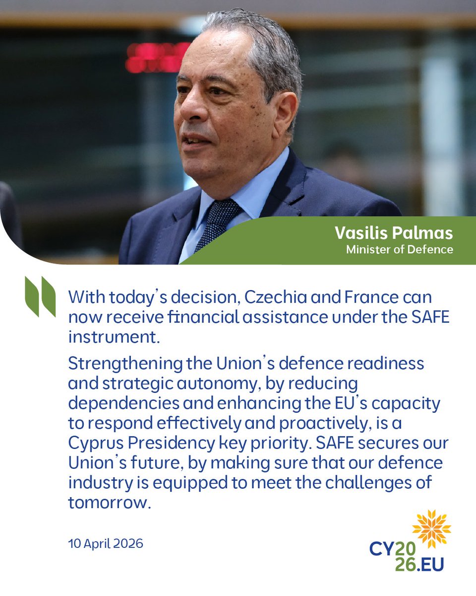 CY2026EU's tweet image. Today, the Council adopted implementing decisions making financial assistance under SAFE available to Czechia 🇨🇿 and France 🇫🇷.

Read more 👉 link.berry.social/press-release/…

#FAC #Defence