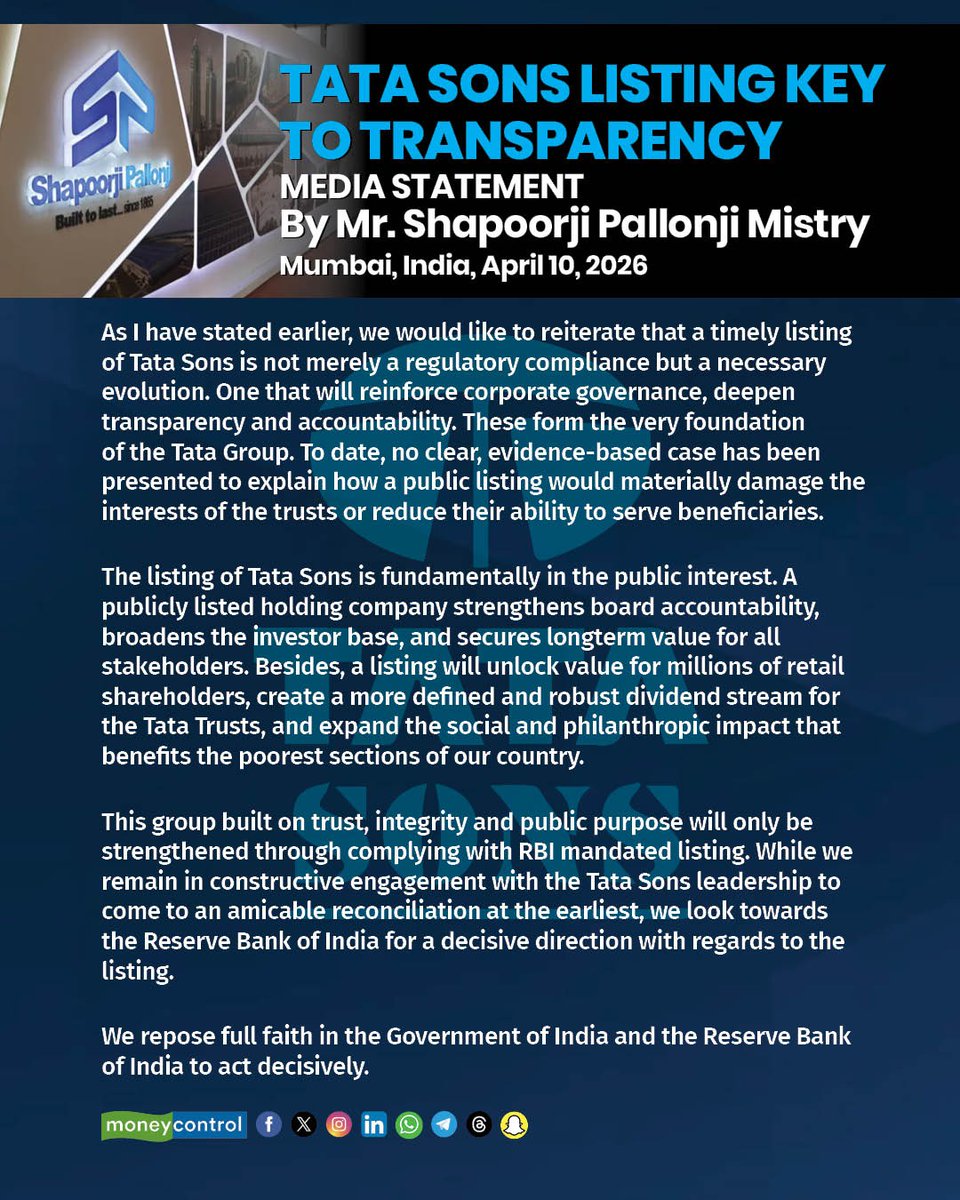 moneycontrolcom's tweet image. #Business | Shapoorji Pallonji Mistry backs Tata Sons IPO, says listing in public interest

#ShapoorjiPallonji #TataSons