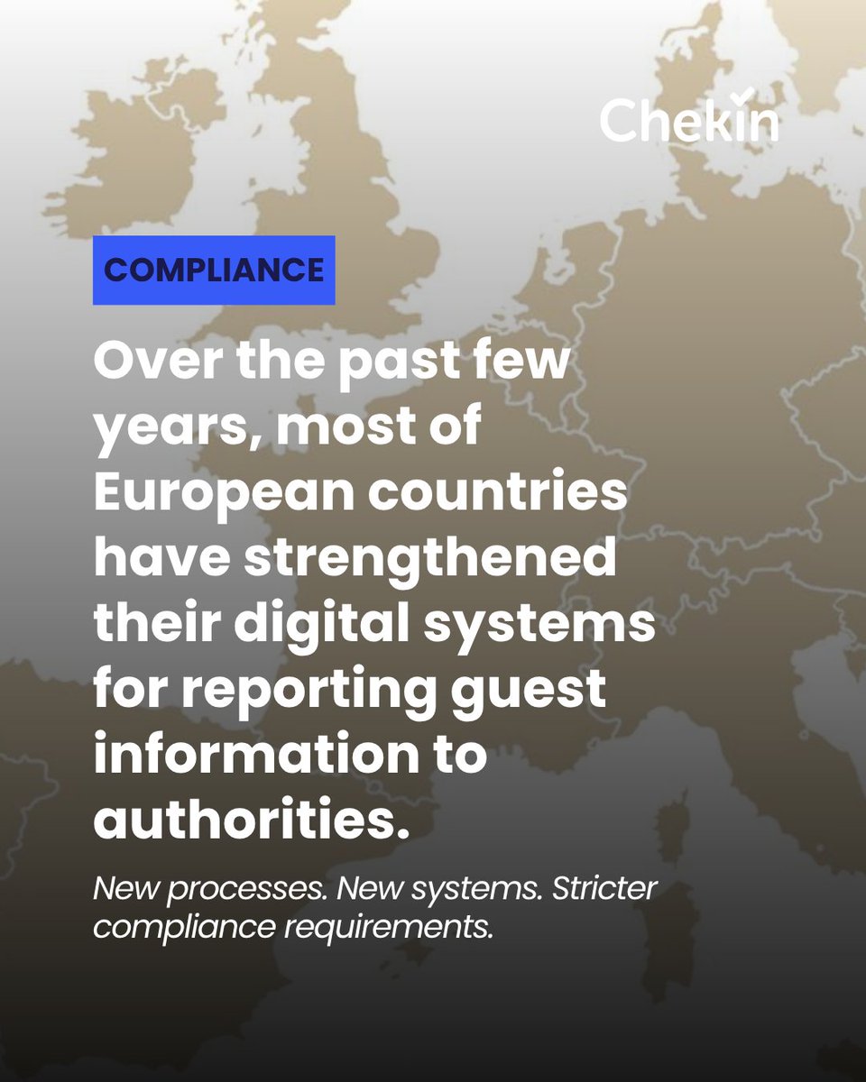 CheKinapp's tweet image. Across Europe, accommodation providers must report guest data to authorities after check-in.
While regulations differ by country, the direction is clear: guest registration is becoming increasingly digital.

#TravelTech #HospitalityIndustry #ShortTermRental