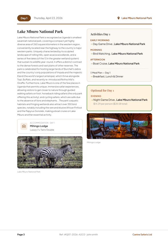 Questsafarisug's tweet photo. A safari quote is not just pricing.

It is often the first real impression a client gets of your company.

That is why the final output matters.

Quest helps operators create clean, professional PDF quotes they can send with confidence.

#QuestSafaris #TravelTech #DigitalTourism https://t.co/fOvwW1bVuB