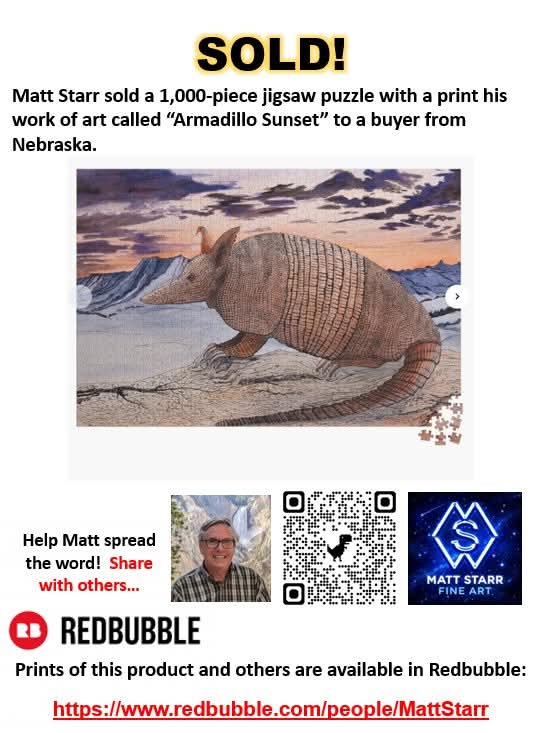 MattStarrFineA1's tweet image. I recently sold a 1,000-piece jigsaw puzzle with a print of my work of art called “Armadillo Sunset". redbubble.com/shop/ap/325616… 

#mattstarrfineart #armadillo #armadillos #puzzle #puzzles #wildlife  #art #paintings #artforsale #artist #dailyart @Redbubble #artwork #art #giftidea