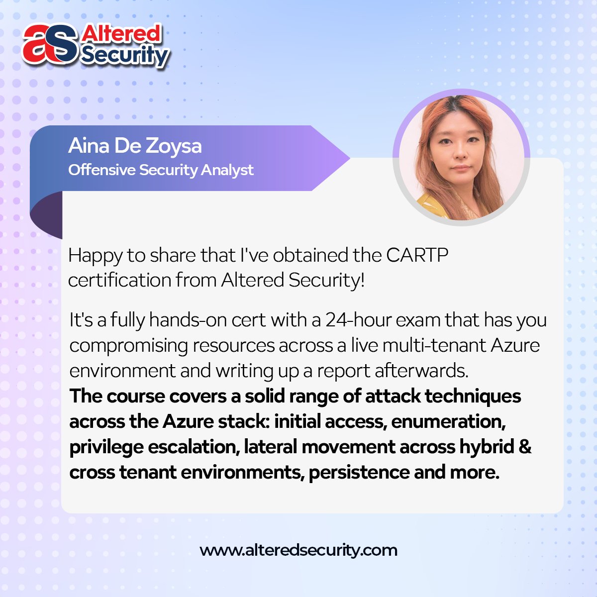 AlteredSecurity's tweet photo. Student Love ❤ | CARTP Edition
24-hour hands-on exam, multi-tenant Azure attacks, and real cloud tradecraft - CARTP achieved!

#CARTP #AzureSecurity #RedTeam #CloudSecurity #AlteredSecurity https://t.co/CoOBJKgmTw