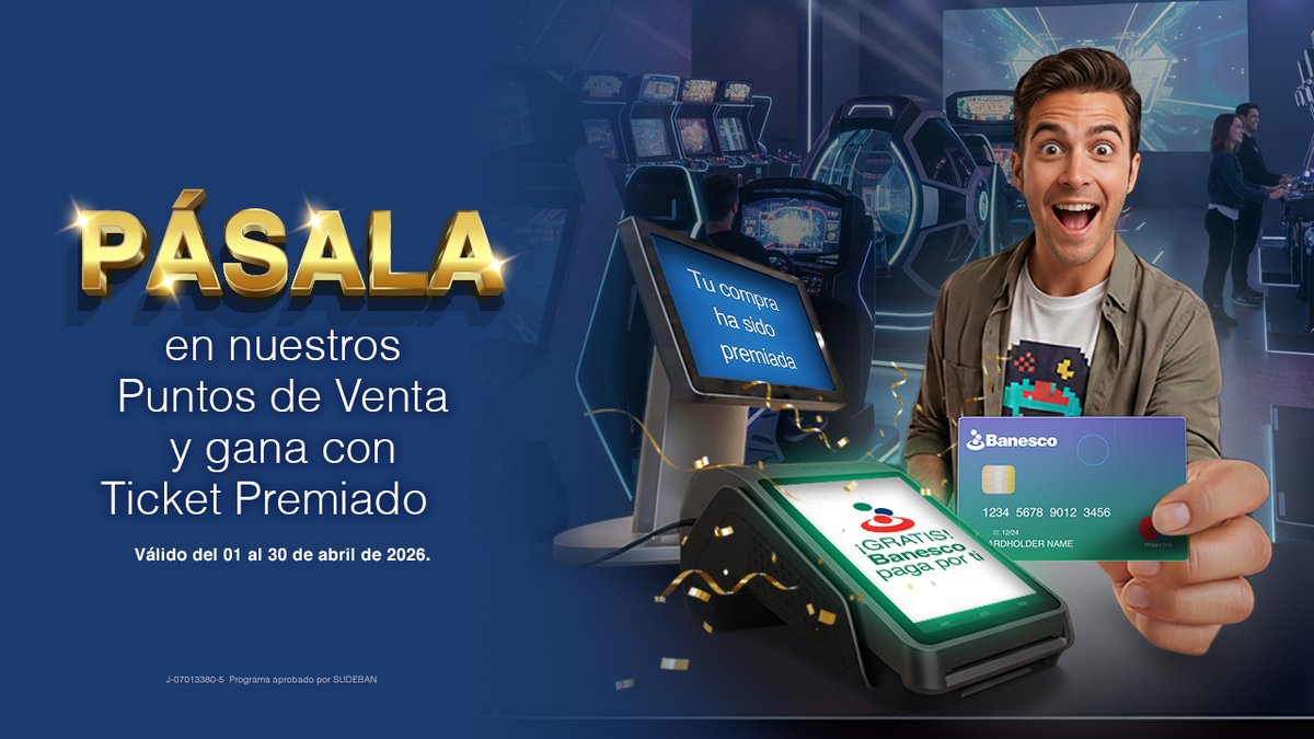 Banesco's tweet photo. ¿Te imaginas que tu compra de hoy sea GRATIS? 🤩

Durante este mes, llega el #TicketPremiado✨  

Usa tu tarjeta de débito Banesco 💳 en nuestros #PuntosDeVenta, podrías ser uno de los ganadores.

📅 Válido del 01 al 30 de abril de 2026
ℹ️ Aprobado por SUDEBAN

#BanescoContigo https://t.co/riD0zWx4AM