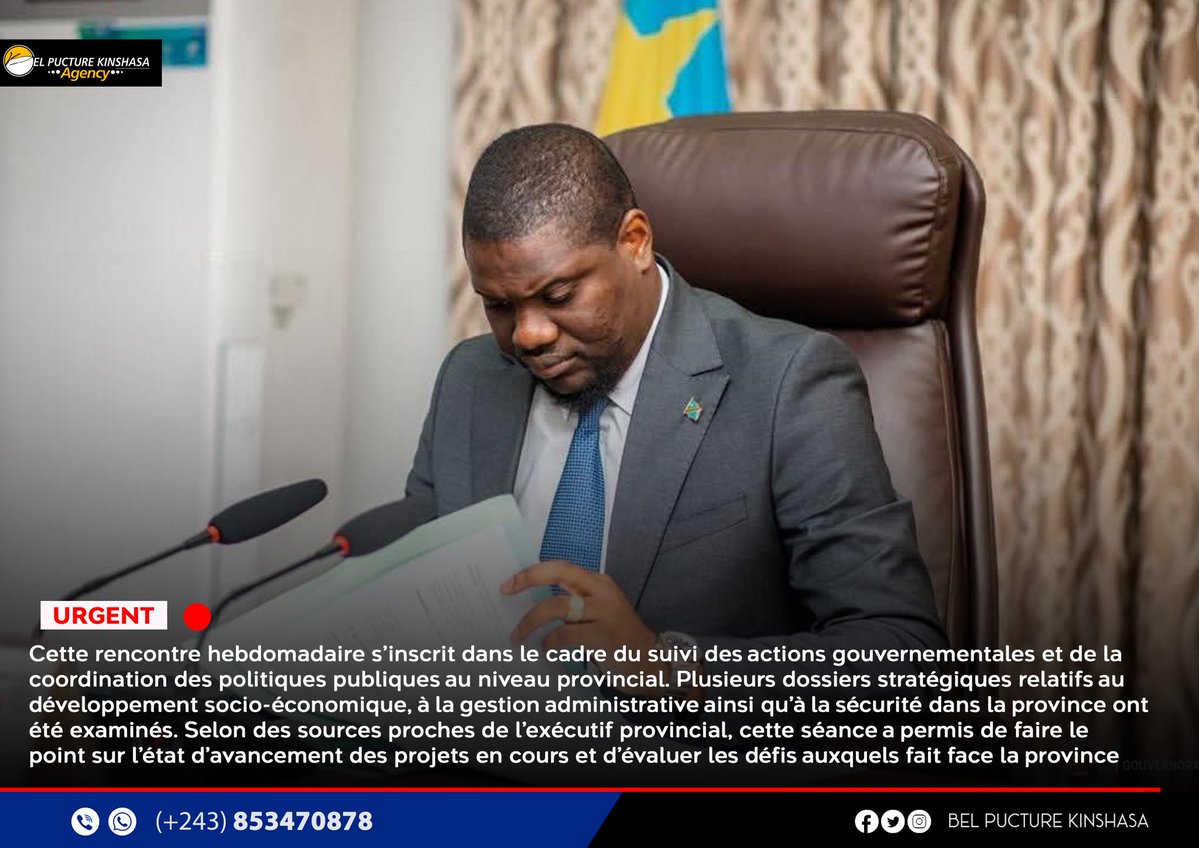 Matadi, 10 avril 2026 — Le gouverneur de la province du Kongo Central, Grâce Bilolo, a présidé ce vendredi la réunion du Conseil des ministres provincial, tenue à l’hôtel du Gouvernorat. <a href="/Presidence_RDC/">Présidence RDC 🇨🇩</a> <a href="/MartinSOLO4/">Martin Solo</a> <a href="/GouvernoratK_C/">Gouvernorat du Kongo Central</a> <a href="/GraceBilolo/">Grâce masuangi bilolo</a>