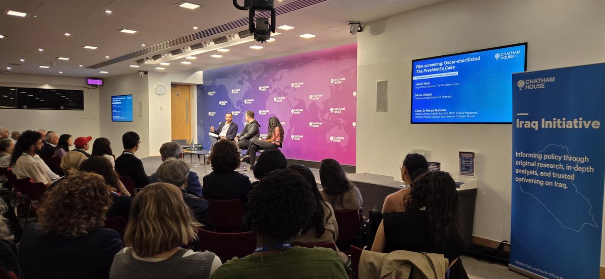 CH_MENAP's tweet photo. Yesterday, we were delighted to host a screening of 'The President’s Cake' at @ChathamHouse, followed by a rich and engaging discussion with the film's director, Hasan Hadi, award-winning writer @MonaChalabi, and the Iraq Initiative's director, @RenadMansour. 
 
The event brought together a full room of participants and sparked thoughtful conversation on the film’s powerful themes and their wider relevance to the region. Thank you to our speakers and audience for joining us!