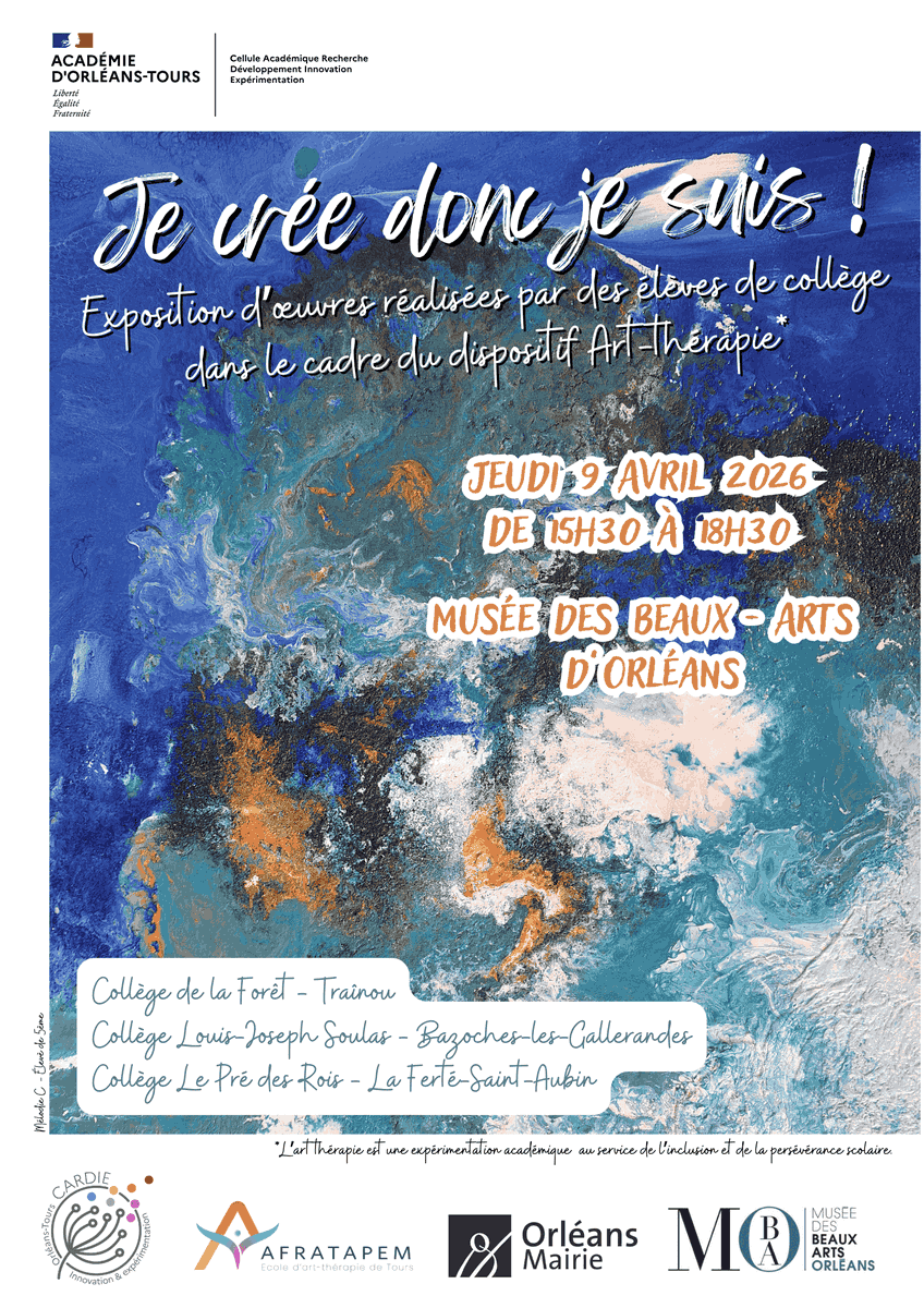CardieOT's tweet photo. Hier, le @MbaOrleans a accueilli la journée de clôture du dispositif d’art-thérapie mené avec l’@afratapem, la #CARDIE et l’@ac_orleanstours. Exposition, prestations et ateliers ont valorisé la créativité des élèves au service de leur bien-être et de leur réussite scolaire. https://t.co/CLyeb0JKTh