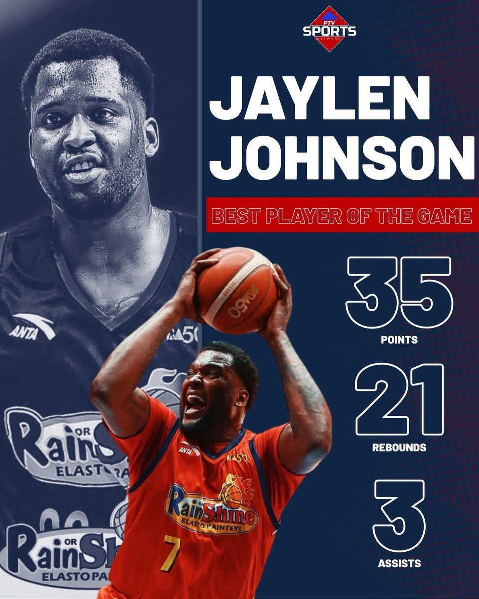 __PTVSports's tweet photo. HISTORY CONTINUES THROUGH JOHNSON!🏀🔥

Kumamada ang best player of the game na si Jaylen Johnson ng 35 points, 21 rebounds, at 3 assists para mapanatili ang malinis na 6-0 record ng Rain or Shine Elasto Painters sa nagpapatuloy na PBA Season 50 Commissioner’s Cup https://t.co/Ayx6g1rtWA