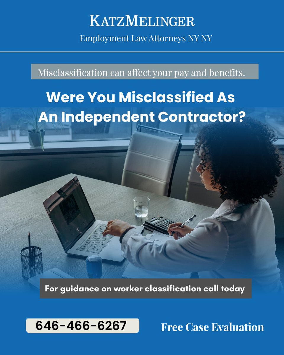 KatzMelinger's tweet photo. Not everyone labeled an “independent contractor” actually is one.

What matters is control, not the title.

Misclassification can affect overtime, benefits, and protections.

If something feels off, it may be worth a closer look.

📞 NY/NJ: Katz Melinger +1 646-466-6267 https://t.co/JaJw06NPZ9