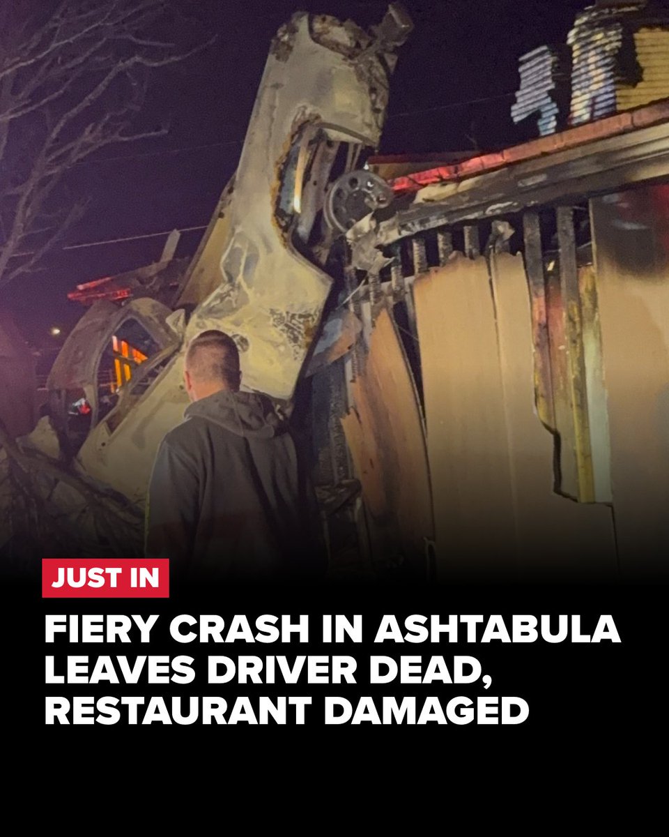 wkyc's tweet photo. A driver is dead after a fiery crash caused significant damage to The Crow's Nest restaurant in Ashtabula County. Officials say the vehicle struck a concrete post, a fence and a house, before slamming into the restaurant: https://t.co/bHm8W7j72R https://t.co/AVSNMxmKGh