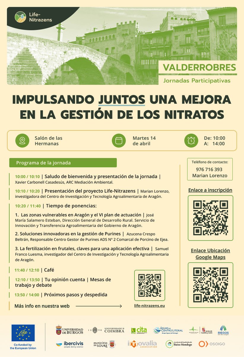 CITAAragon's tweet image. 📢 Continúan las jornadas del proyecto #LIFE #NITRAZENS, que buscan fomentar un espacio colaborativo entre los distintos colectivos afectados por la acumulación de #nitratos en grandes masas de agua 💧

📍 14 de abril en #Valderrobres

✍️ Inscripciones: life-nitrazens.eu/es/2026/03/02/…