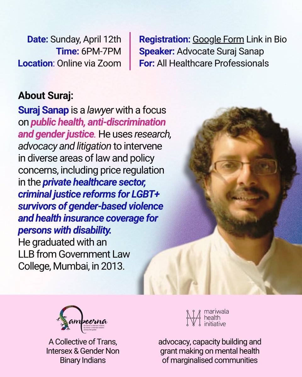 ✨Session Details
Speaker: Advocate Suraj Sanap
When: 12th April, Sunday, 6pm
Where: Online (Zoom)
To join: bit.ly/3OstOrk (please register on the zoom registration link) 
For: All Healthcare Professionals  

Requesting everyone to kindly share this within your networks!