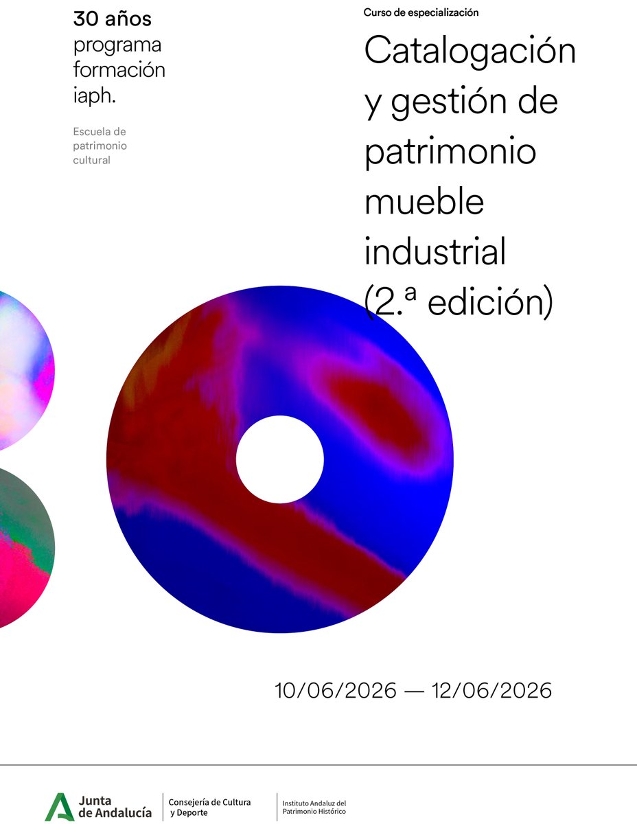 IAPHpatrimonio's tweet image. 2ª edición del curso “#Catalogación y #gestión de patrimonio mueble industrial”, organizado por el @IAPHpatrimonio @CulturaAND en colaboración con @FUPIA1 y @Patrimonio_UGR
Información e inscripción lajunta.es/6dema