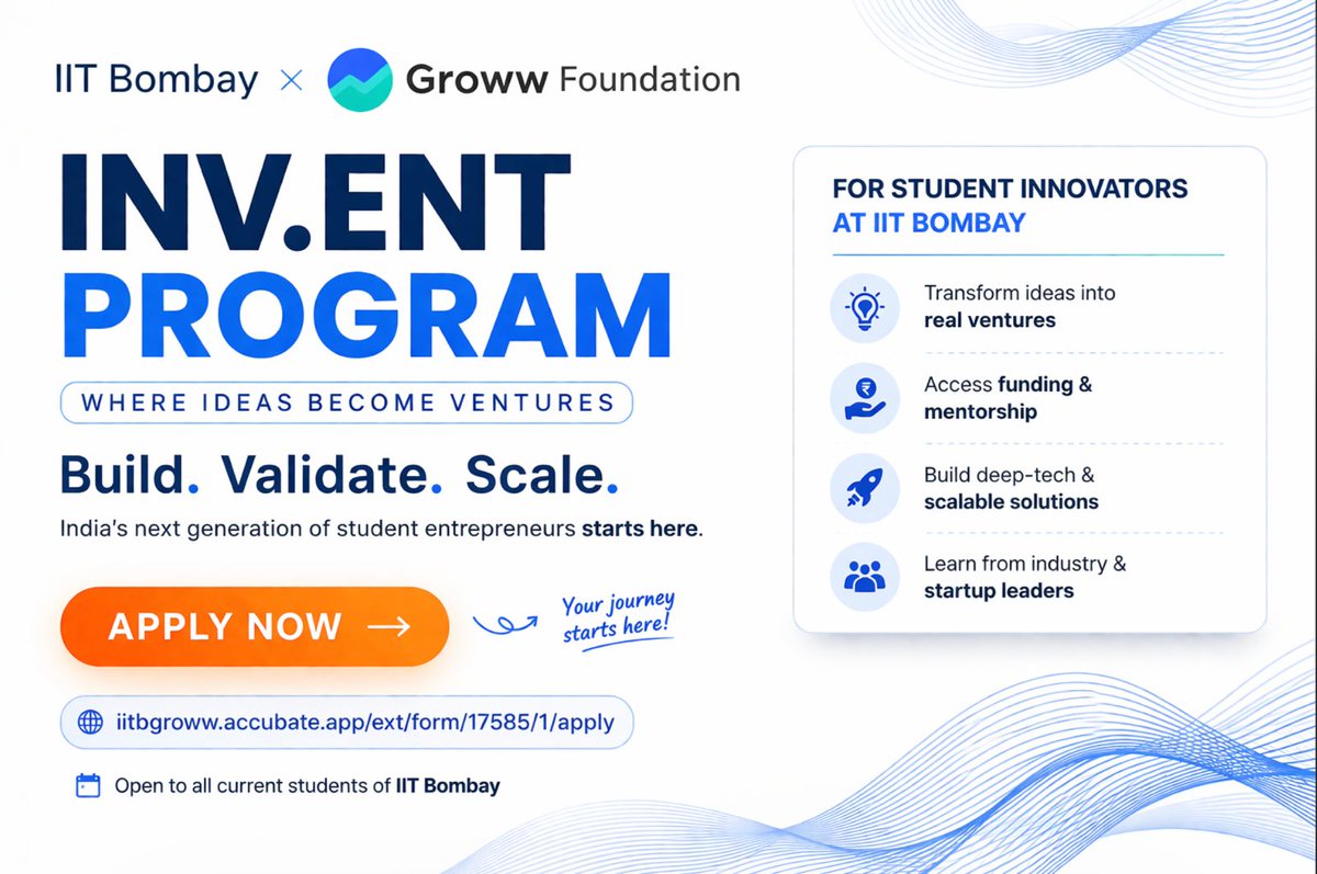 cunomial's tweet photo. Where ideas meet opportunity,
The IIT Bombay–GrowwINVENT Program empowers 100+ student teams yearly with funding, mentorship, and infrastructure—building India’s next wave of deep-tech innovators and entrepreneurs. 

Apply now 👇
https://t.co/2m25GmkKiF

 #Startups #Accubate https://t.co/wE06VfDwUR