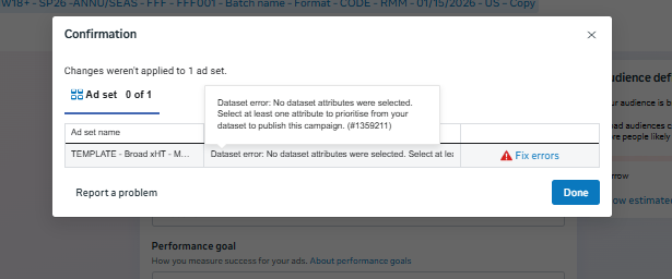 rokhladnik's tweet image. If you have trouble publishing ads on Meta today

And a "Dataset error: No dataset attributes were selected."

A quick fix is to switch the pixel to a random one, then switch it back to the original pixel

Thanks to our @FlatCircleAds Guru Gini for this
