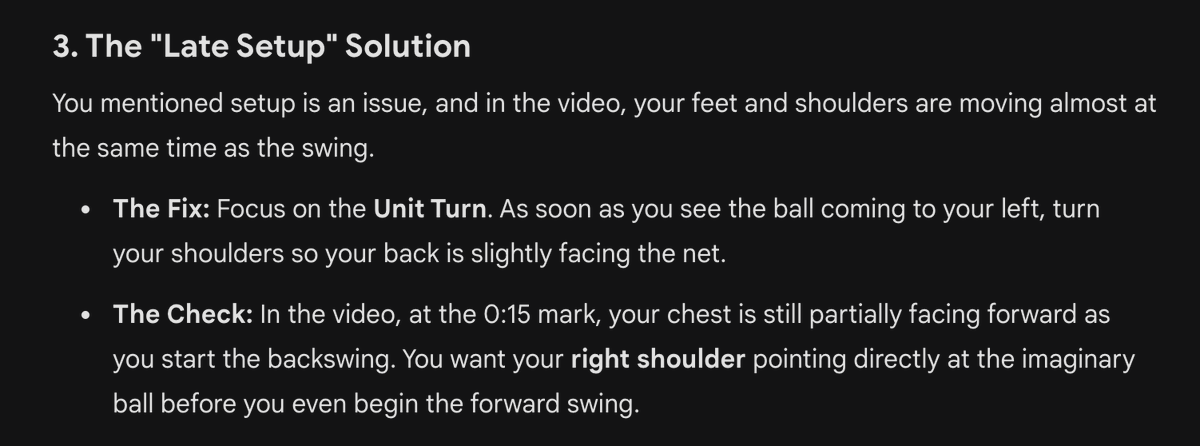 Been using Gemini to improve my tennis. Fixed my inconsistent toss, first serve percentage up. Working on the backhand now.