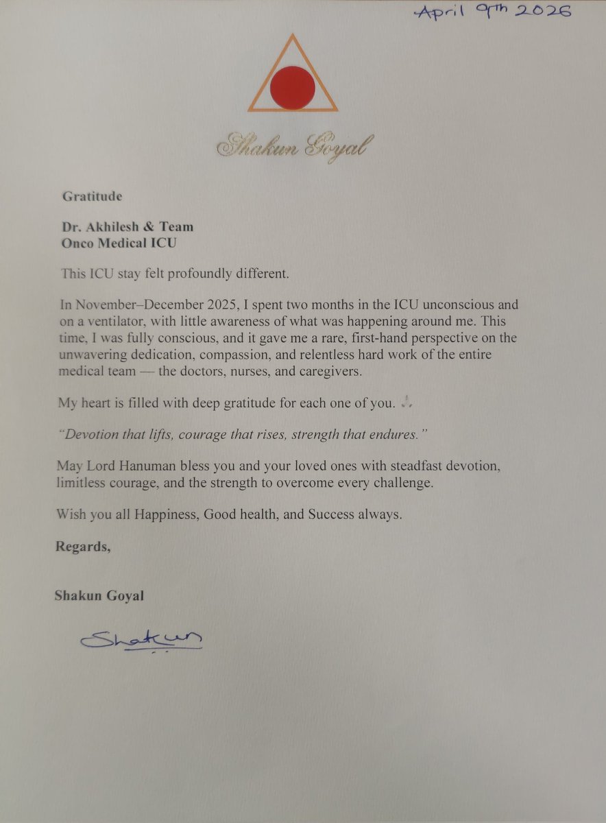 singhaks1015's tweet photo. Receiving such heartfelt gratitude from a patient after a long and challenging ICU journey brings immense happiness, humility, and renewed motivation to continue striving for excellence in patient care. https://t.co/knvLTPMDwS