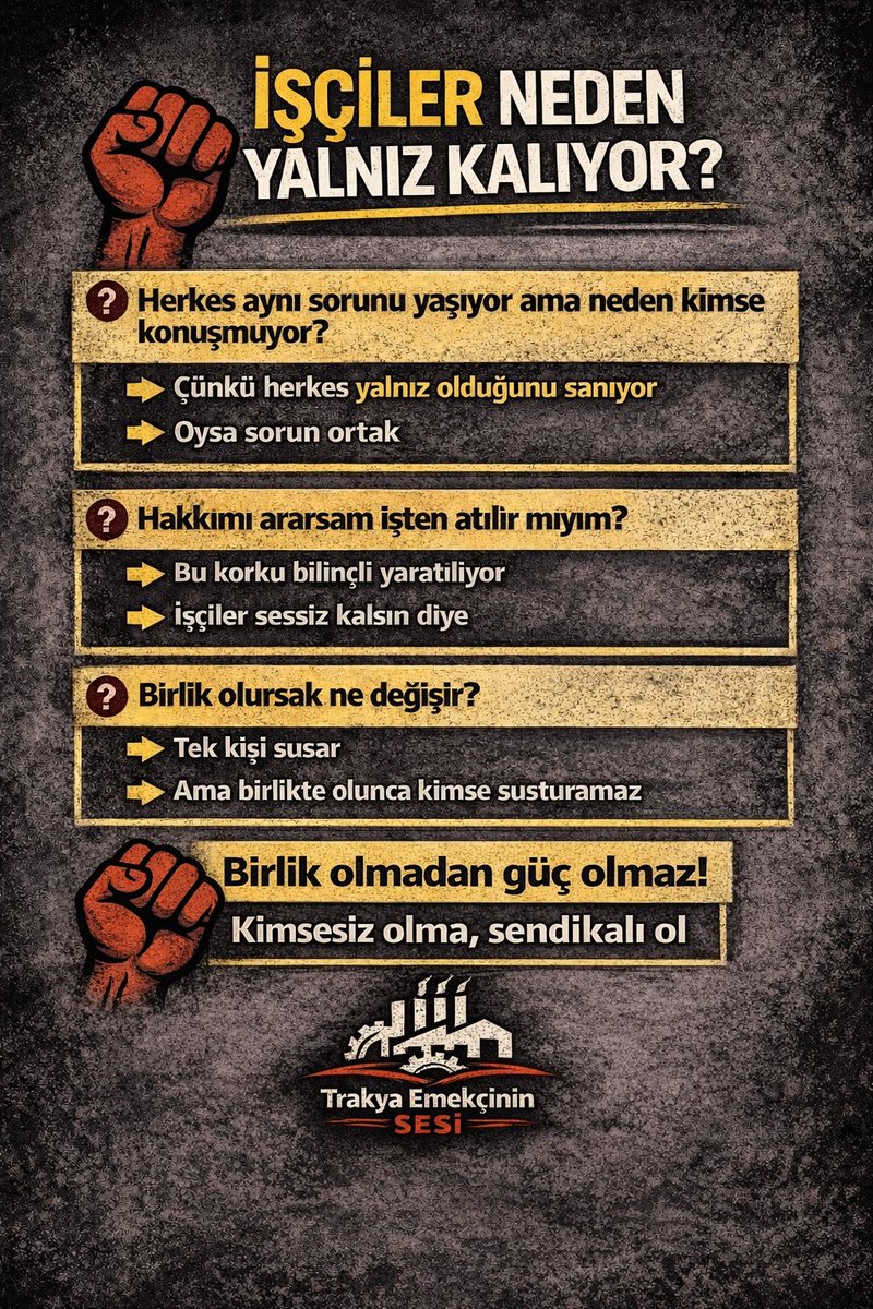Gerçek şu:
Yalnız değilsin.

Birlik olursak değişir.
Kimsesiz olma, sendikalı ol. ✊
#gündem #sondakika #haber #birliktegüçlüyüz #trakyaemekçininsesi