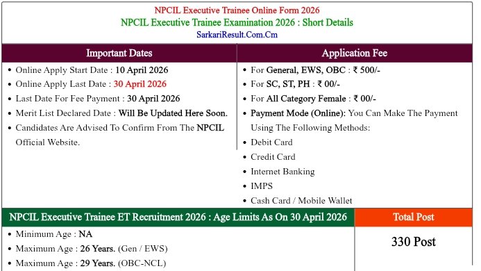 CmSarkariresult's tweet image. NPCIL Executive Trainee Online Form 2026 - Start
.
Official Website of Sarkari Result™ (Since 2009)
.
#SarkariResult.com.cm #SarkariExam #NPCIL
#sarkariresultofficial

Apply👇
sarkariresult.com.cm/npcil-executiv…

Official Sarkari Result WhatsApp Channel 👇

whatsapp.com/channel/0029Va…