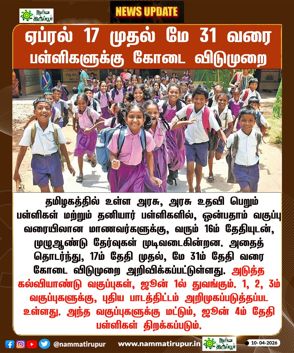 nammatirupur's tweet photo. "📢 கோடை விடுமுறை அறிவிப்பு! ☀️😎

📅 ஏப்ரல் 17 முதல் மே 31 வரை
பள்ளிகளுக்கு கோடை விடுமுறை 

#கோடைவிடுமுறை #பள்ளிவிடுமுறை #தமிழ்நாடு
#summervacation #schoolholidays #holidaymood
 #instakids #kidsfun
#summerfun #vacationmode #schoollife
#trendingreels #viralpost #tamiltrending https://t.co/eMQx0av3j7