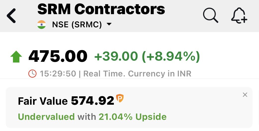 ritikgpt22's tweet image. List of 8 #stocks (TOP GAINERS TODAY) with their Fair Values

1/ Srm Contractors #srm