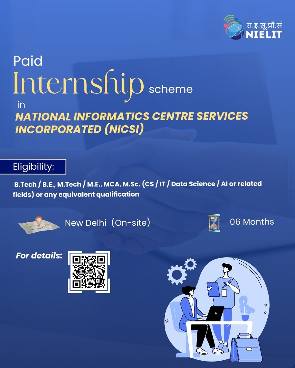 NIELITIndia's tweet image. Paid Internship Opportunity in National Informatics Centre Services Incorporated (NICSI)
📍 New Delhi (On-site) ⏳ Duration: 6 Months
Gain hands-on experience and enhance your professional skills.
Apply now: alumni.nielit.in/jobs/view/55305
#Internship #CareerOpportunity #SkillDevelopment