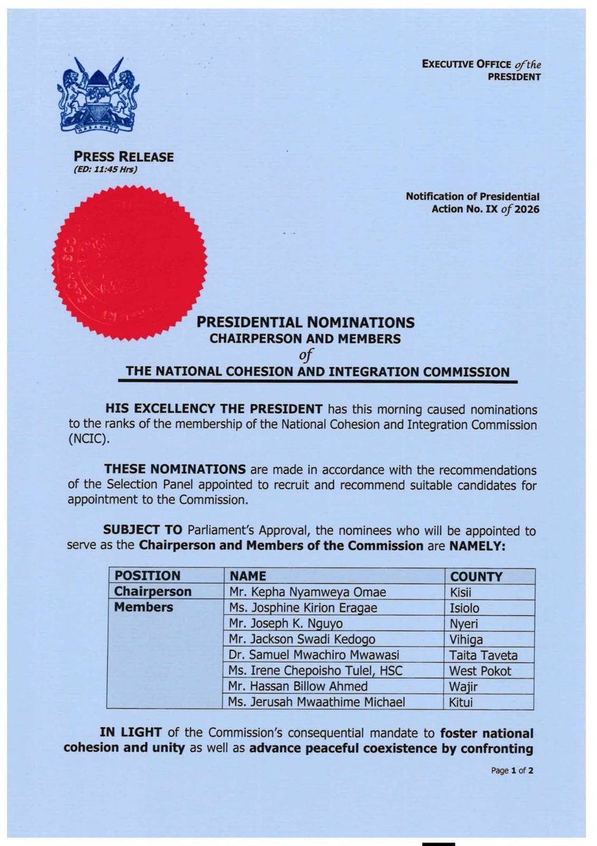 Congratulations to my sister, Josphine Kirion Eragae, on your appointment as a Member of the <a href="/NCIC_Kenya/">NCIC Kenya</a>. 

Your dedication and service to this nation have truly earned you this well-deserved opportunity.

We sincerely thank His Excellency President <a href="/WilliamsRuto/">William Samoei Ruto, PhD</a> for appointing