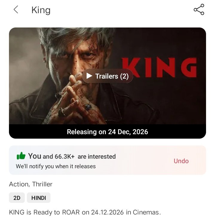 FirojAh73036204's tweet image. #king BookMyShow interest 66.3k complete 💯 mark your interest 🔥 
#ShahRukhKhan