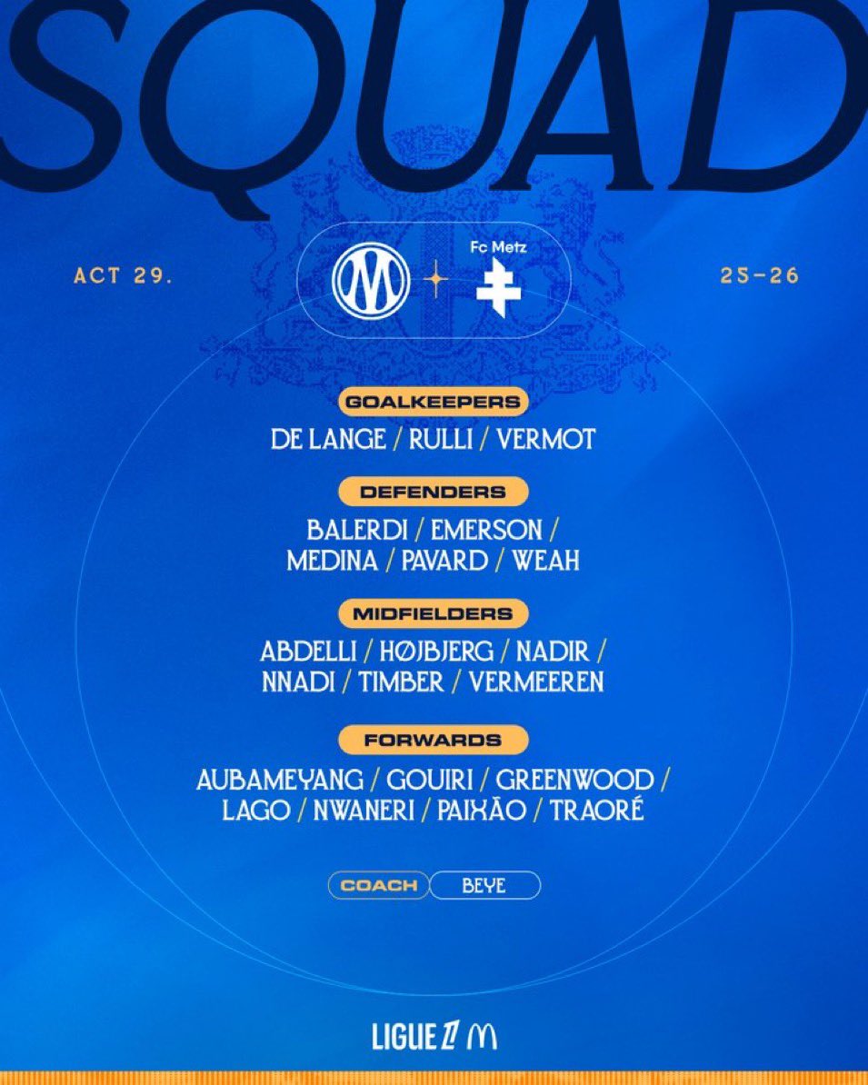 VisionOM's tweet photo. ‼️Info OM‼️

🗒️ 𝐋𝐄 𝐆𝐑𝐎𝐔𝐏𝐄 #OMFCM

Habib Beye 🇸🇳 convoque 2️⃣1️⃣ Olympiens pour la réception du FC Metz ⚔️

🔥 Match au Vélodrome ce soir

(@OM_Officiel)

#TeamOM #MercatOM #OM #Ligue1 https://t.co/JbRDXMU3Qy
