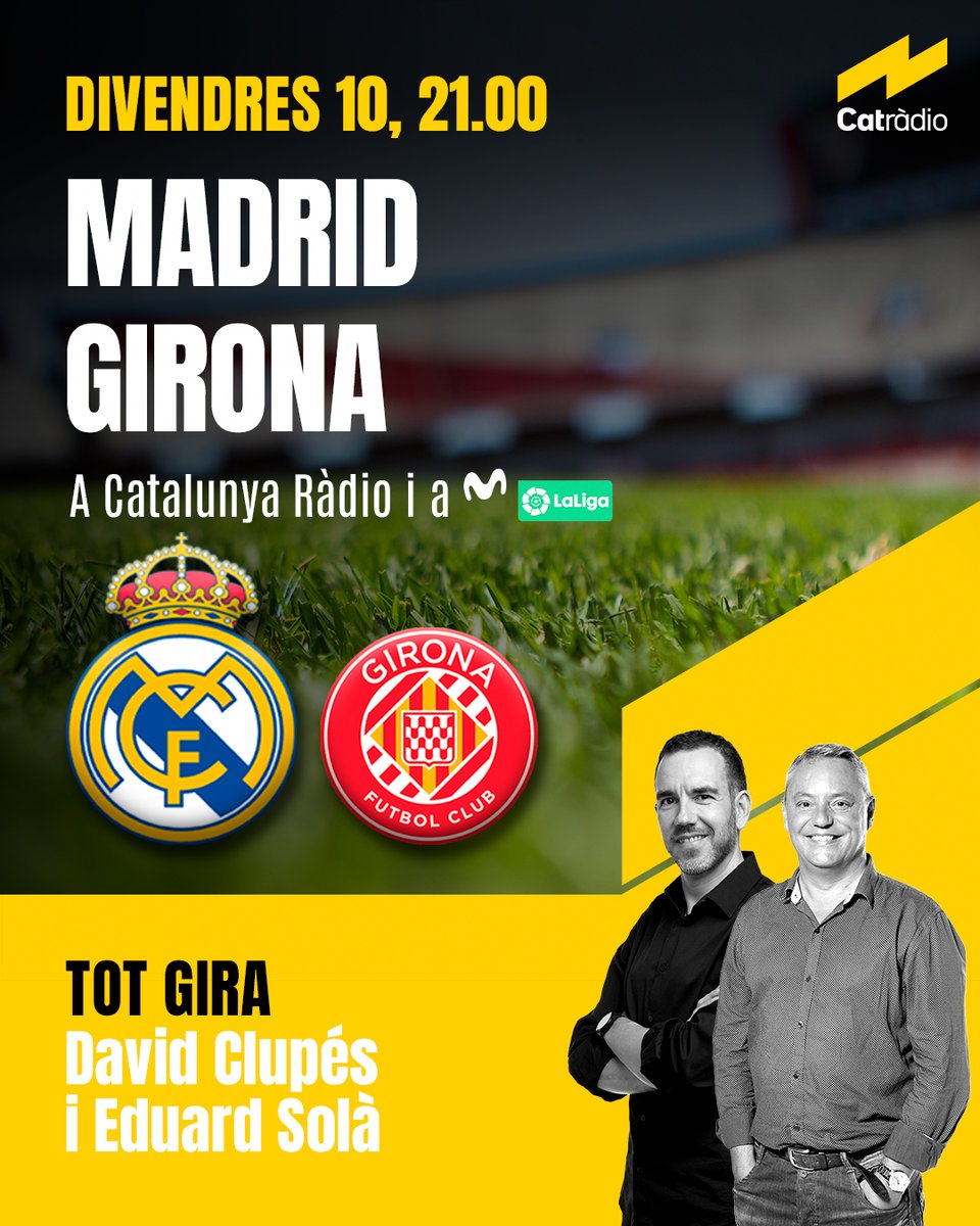 totcosta's tweet image. ⚪🔴 A partir de les 20.45, Madrid-Girona

La transmissió del partit amb @eduardsola, Xevi Soler i tot l'equip del @totgira a @CatalunyaRadio i les opcions d'àudio de @MPlusDeportes

catradio.cat/directe