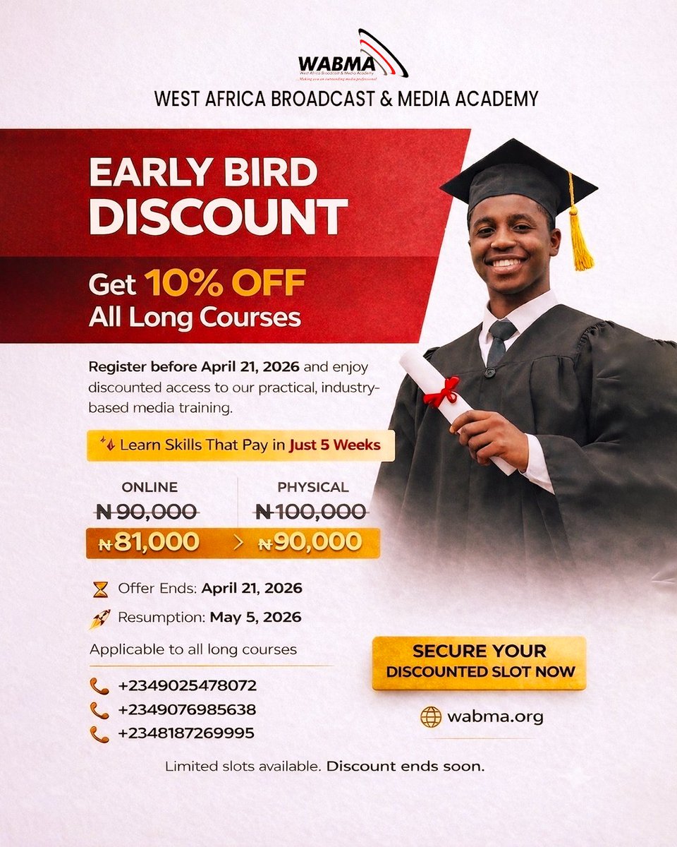 🚨 EARLY BIRD ALERT! 
Get 10% OFF all long courses when you register before the deadline.

This is your chance to step into the media industry at a discounted rate 

🎯 Learn high-income media skills
🎥 Practical, industry-based training
⏱ Become job-ready in just 5 weeks

💰